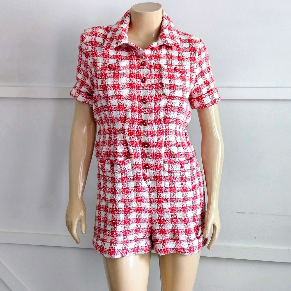 Chanel 19A / 2019, Pink Ivory Tweed Button Front Romper Playsuit Size 40